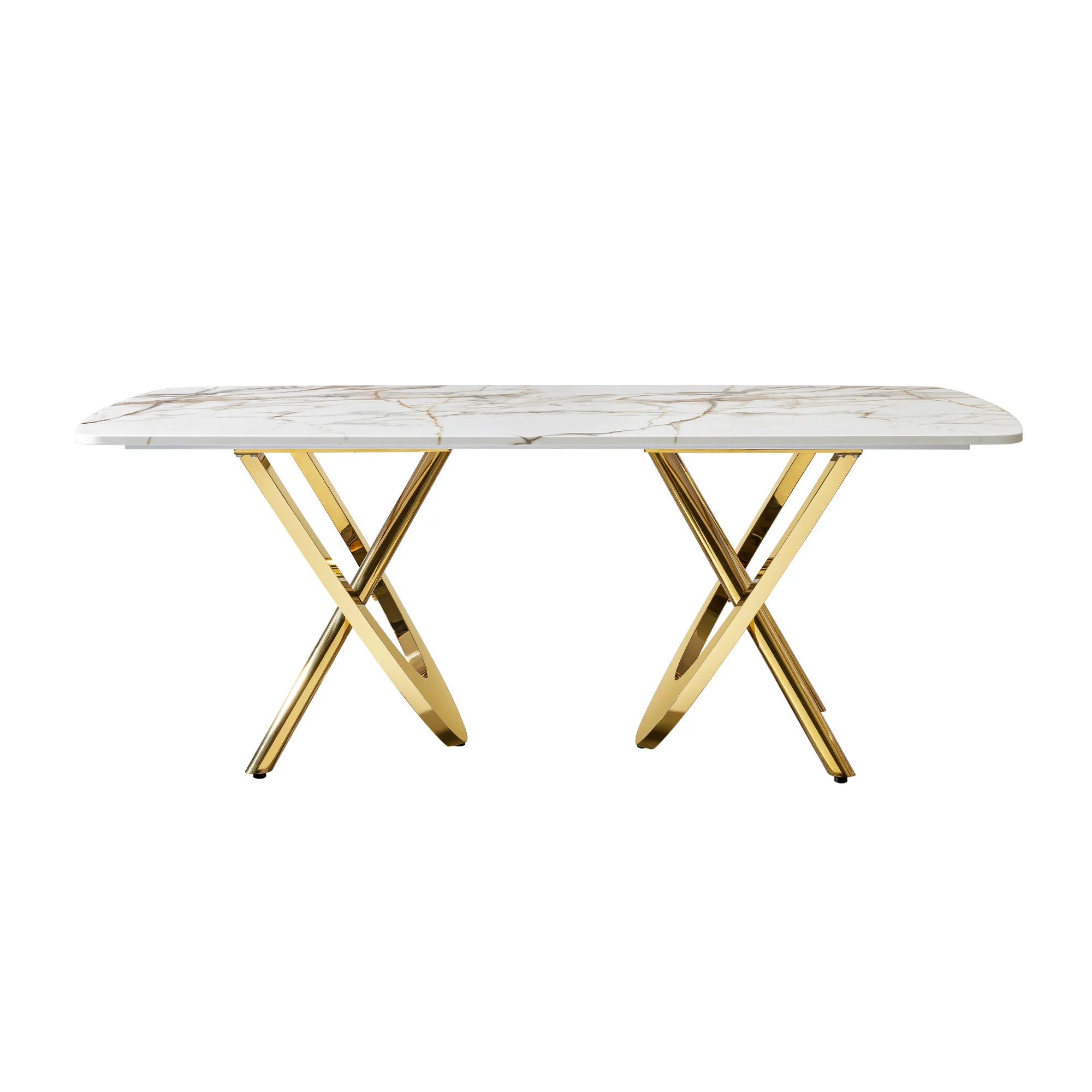 Rectangular Gold Stainless Steel Faux Marble Modern Dining Table
