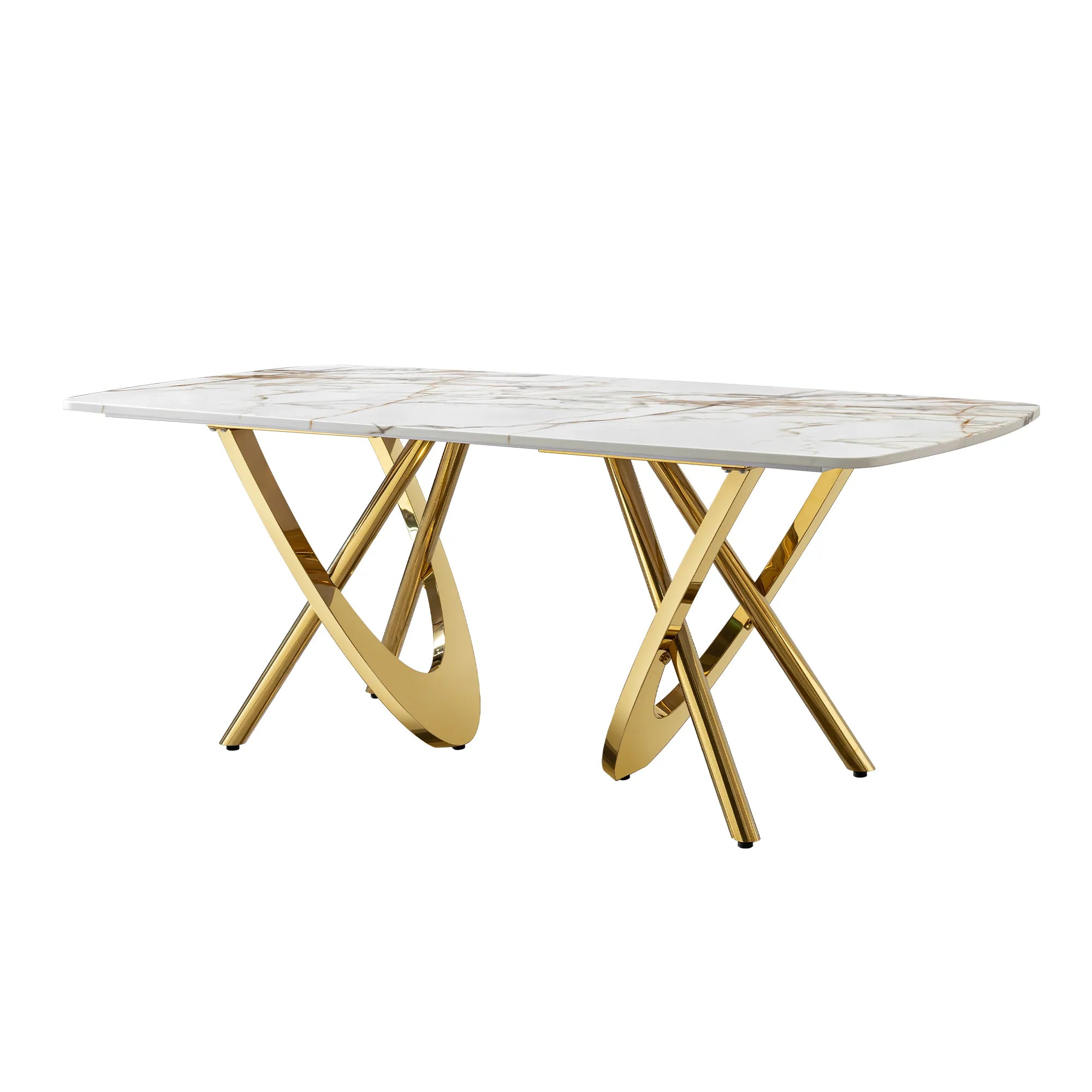Rectangular Gold Stainless Steel Faux Marble Modern Dining Table