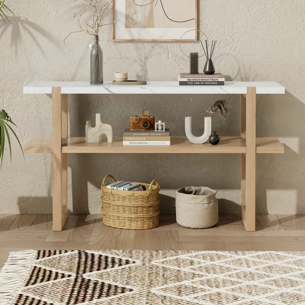 Retro Entryway Console Table with Faux Marble Top and Shelf
