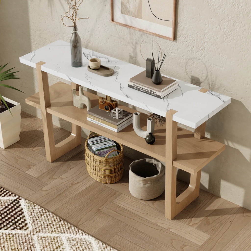 Retro Entryway Console Table with Faux Marble Top and Shelf