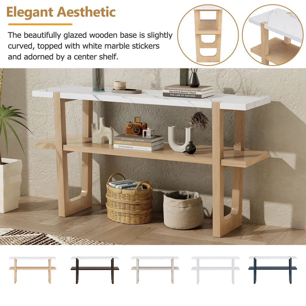 Retro Entryway Console Table with Faux Marble Top and Shelf