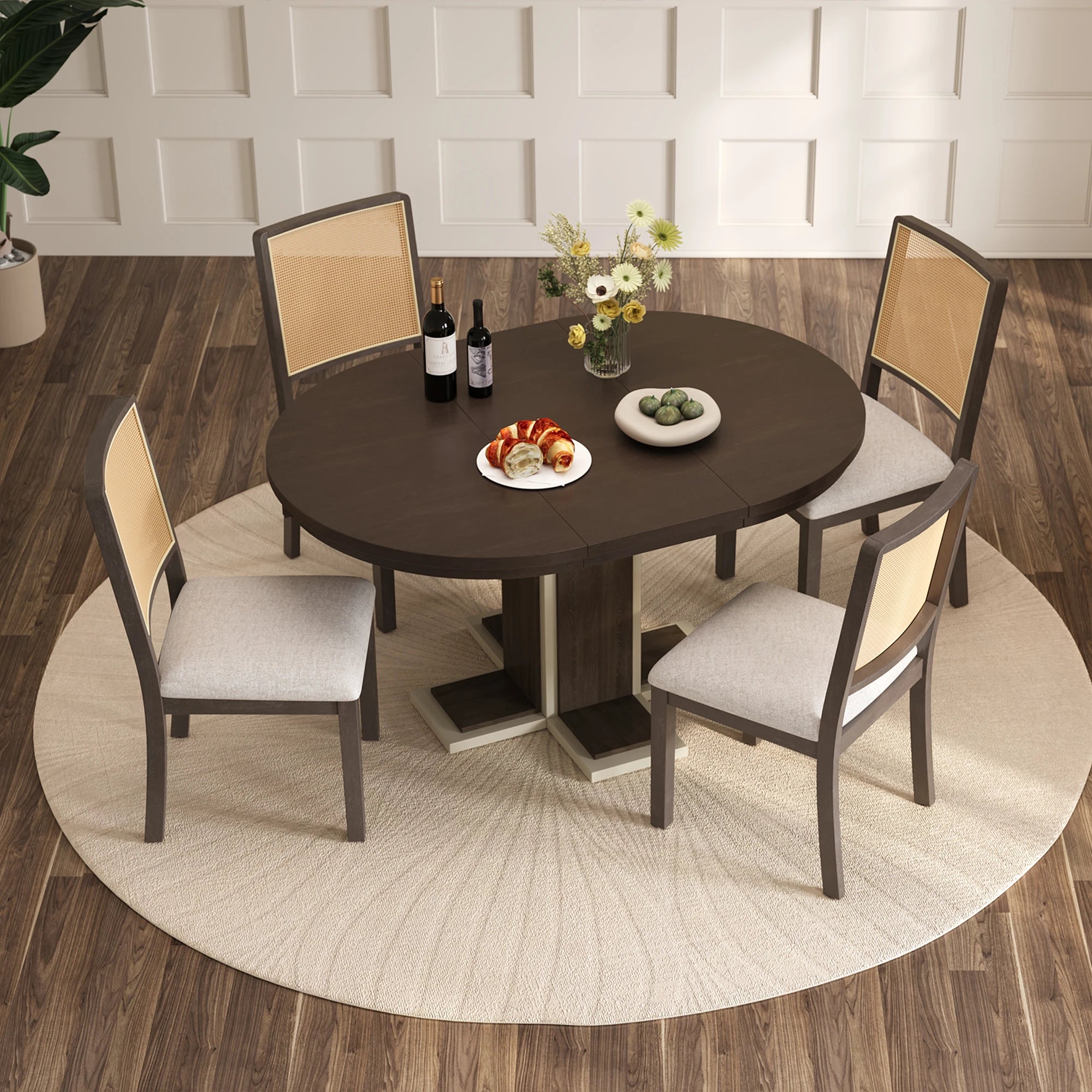 Retro Round Extendable Dining Table Set With 4 Chairs