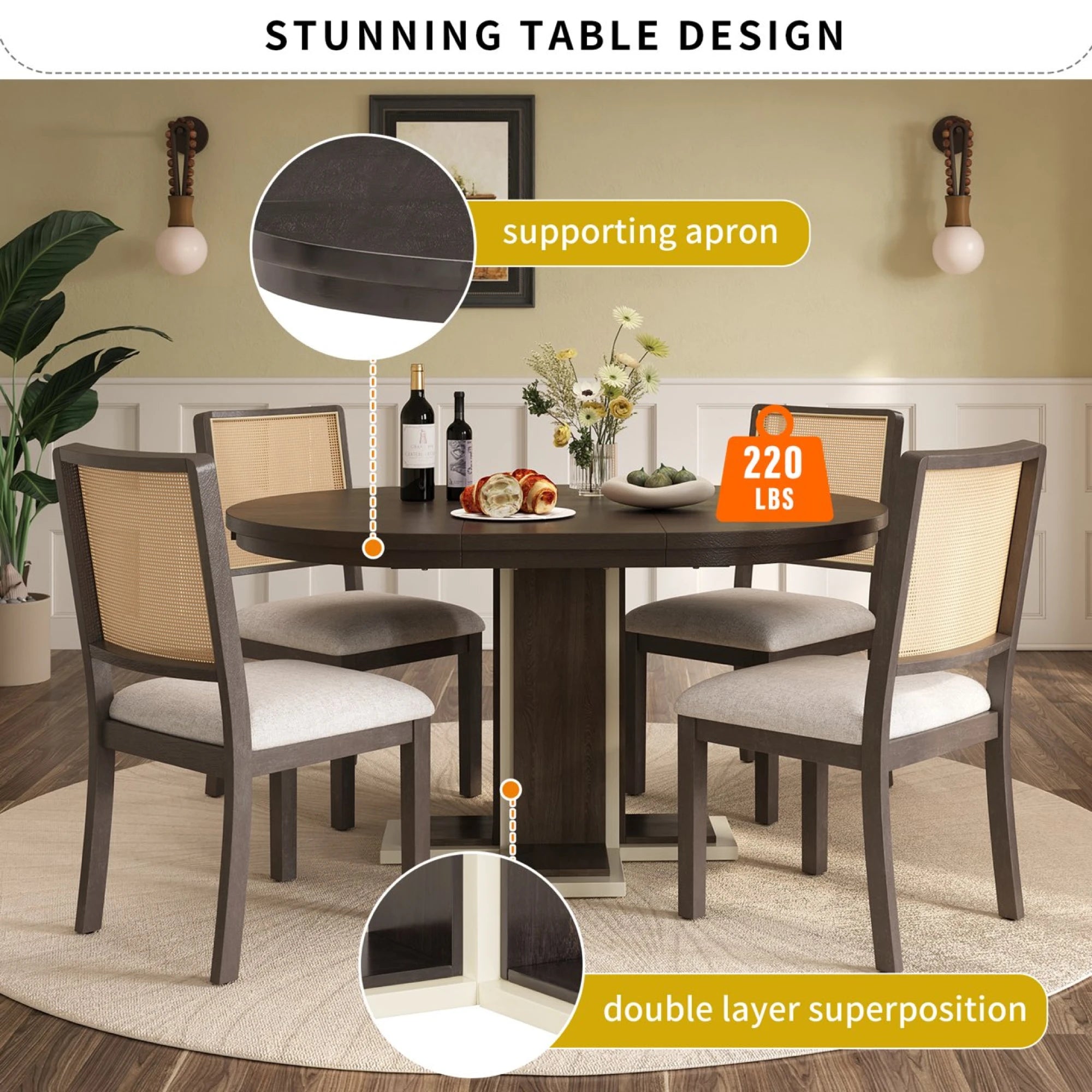 Retro Round Extendable Dining Table Set With 4 Chairs