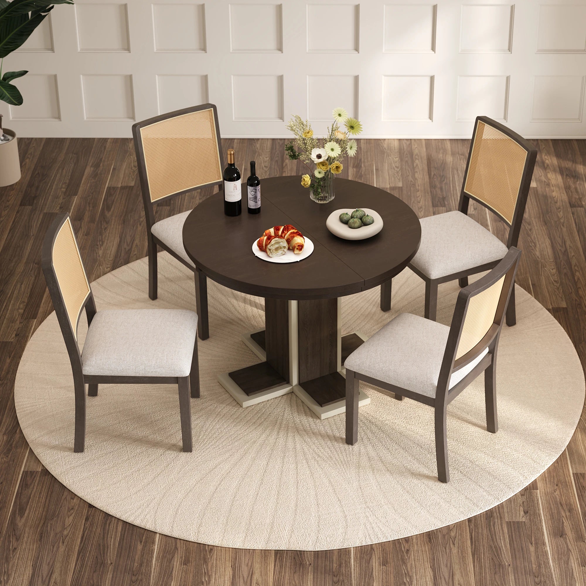 Retro Round Extendable Dining Table Set With 4 Chairs
