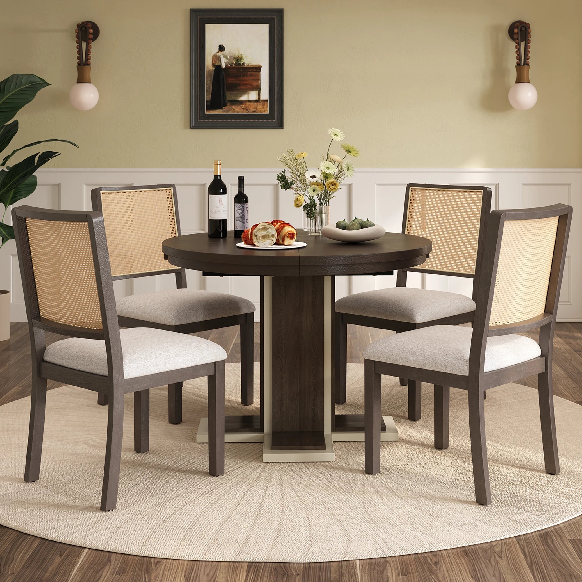 Retro Round Extendable Dining Table Set With 4 Chairs