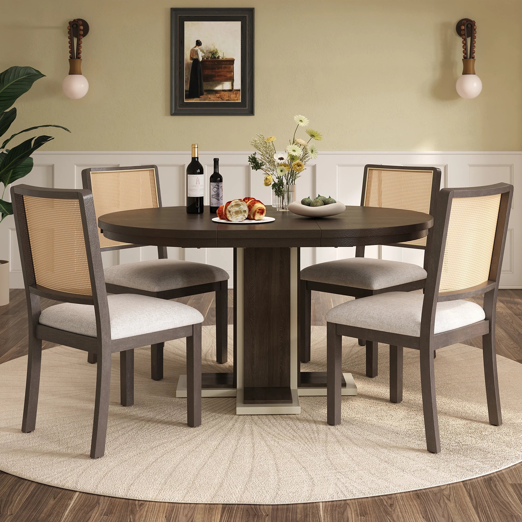 Retro Round Extendable Dining Table Set With 4 Chairs