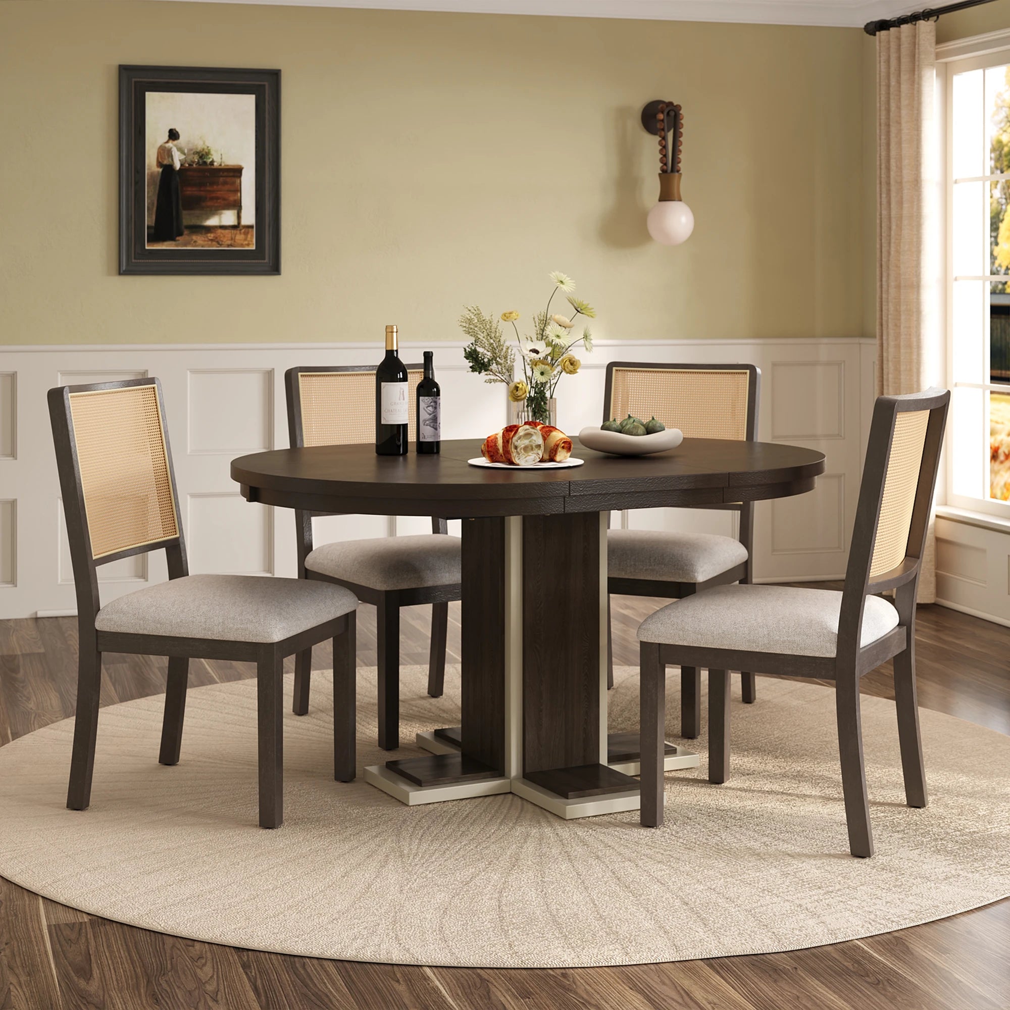 Retro Round Extendable Dining Table Set With 4 Chairs