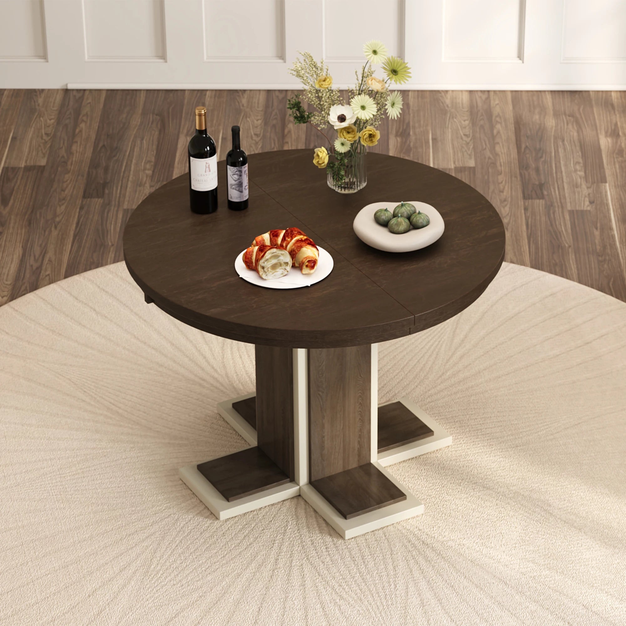 Retro Round Extendable Dining Table Set With 4 Chairs