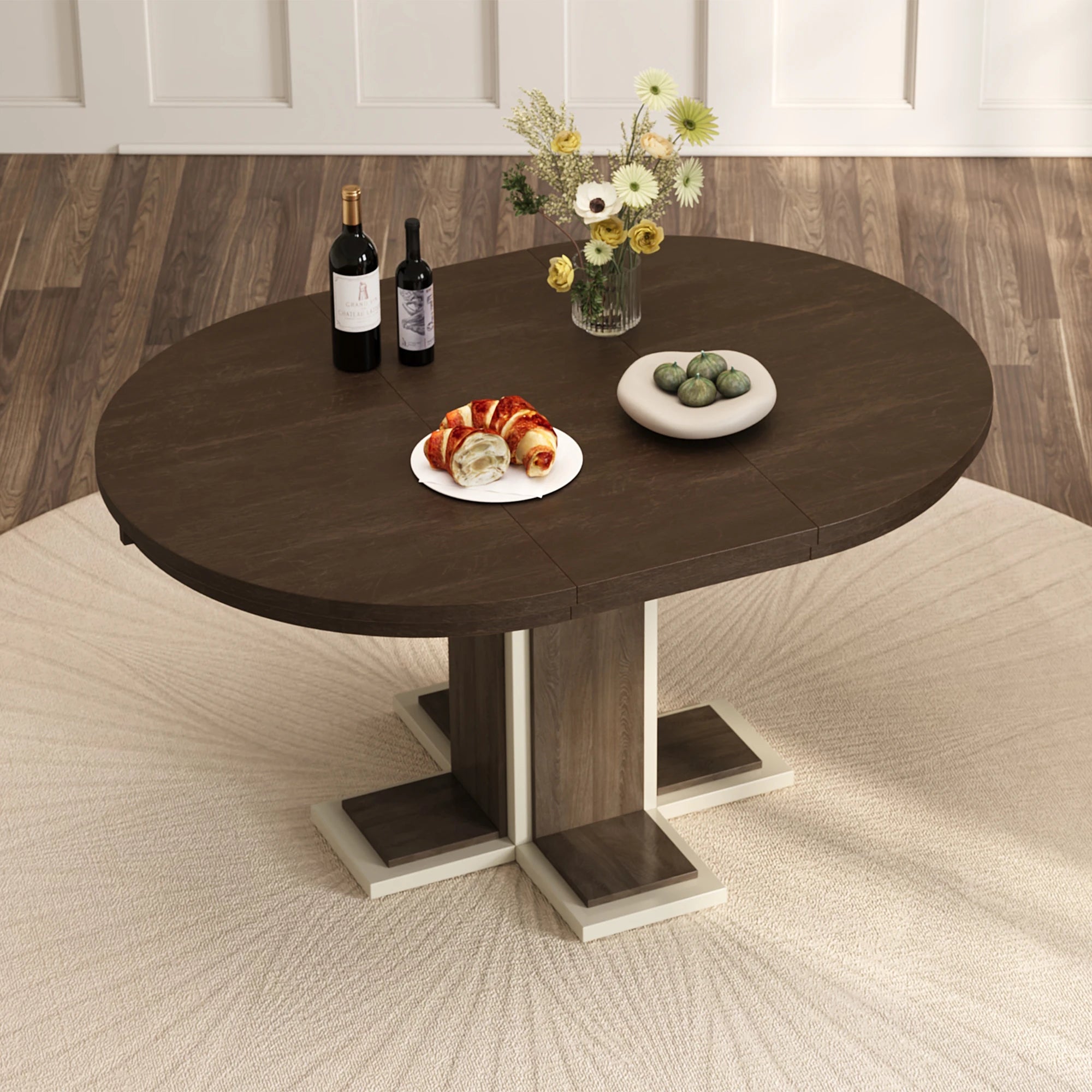 Retro Round Extendable Dining Table Set With 4 Chairs