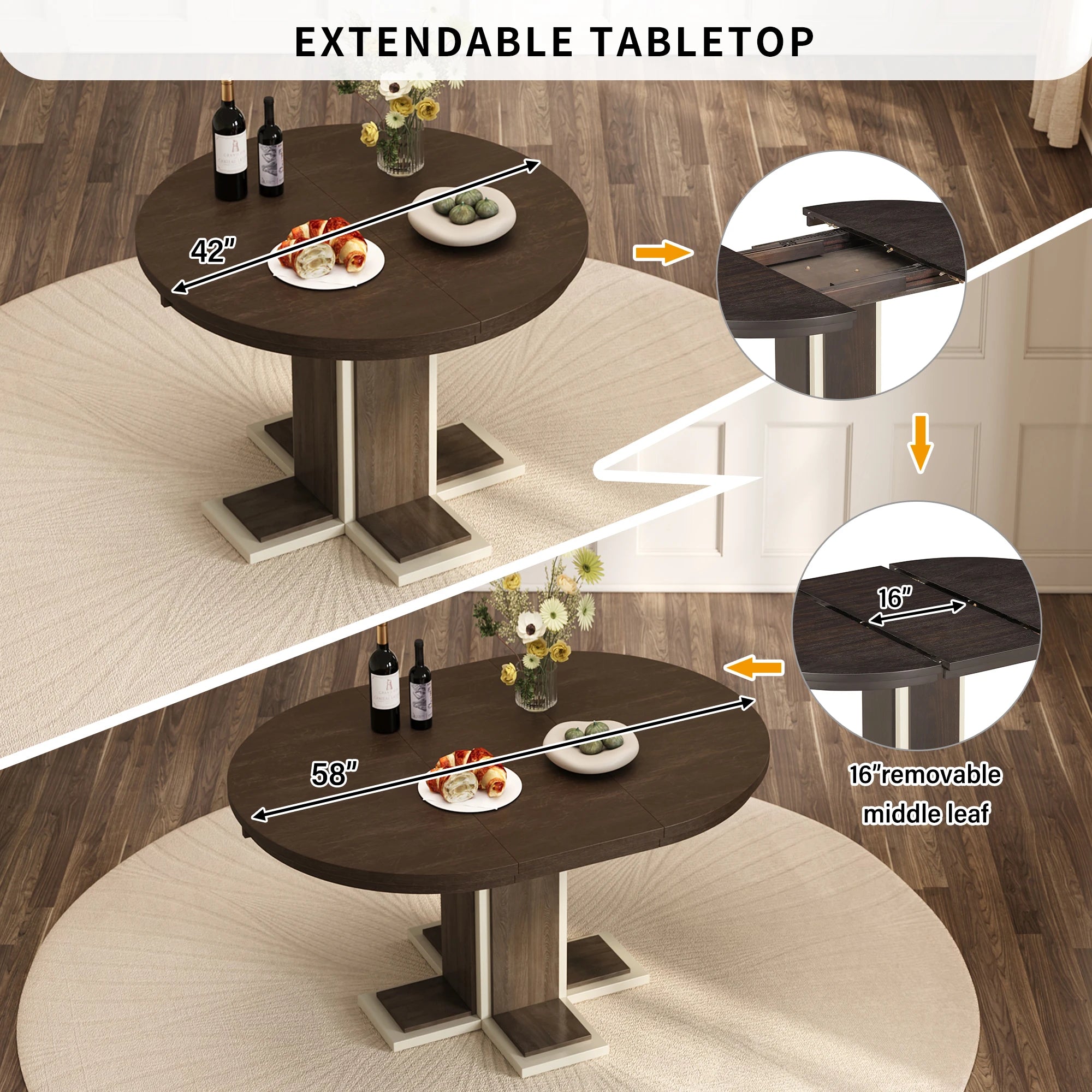 Retro Round Extendable Dining Table Set With 4 Chairs
