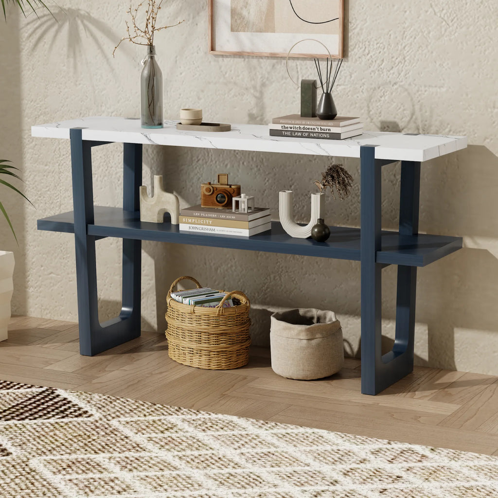 Retro Entryway Console Table with Faux Marble Top and Shelf