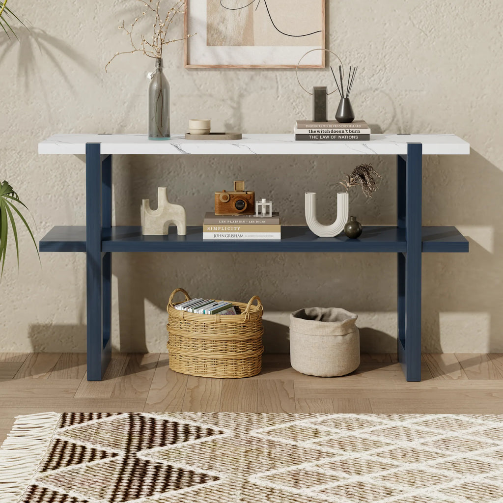 Retro Entryway Console Table with Faux Marble Top and Shelf
