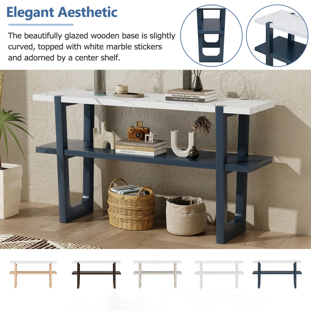Retro Entryway Console Table with Faux Marble Top and Shelf