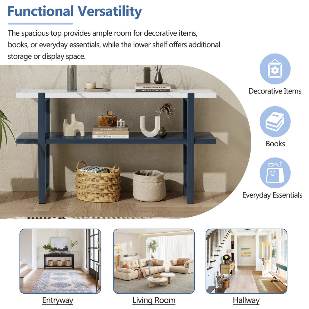 Retro Entryway Console Table with Faux Marble Top and Shelf