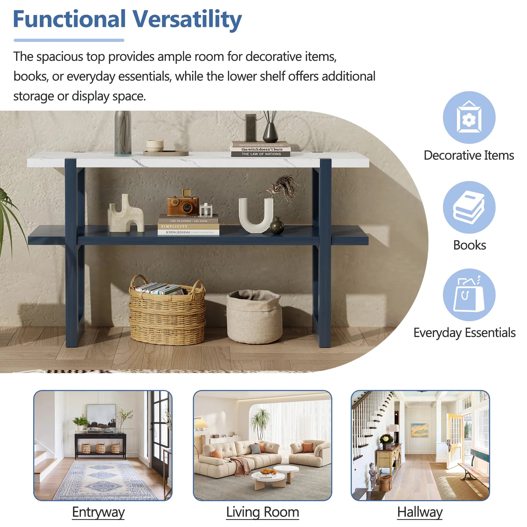 Retro Entryway Console Table with Faux Marble Top and Shelf