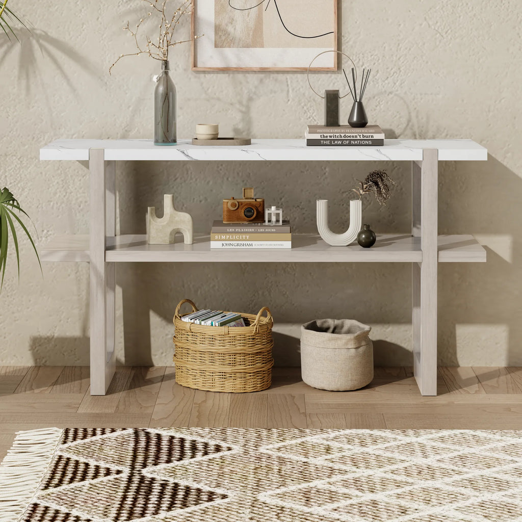 Retro Entryway Console Table with Faux Marble Top and Shelf