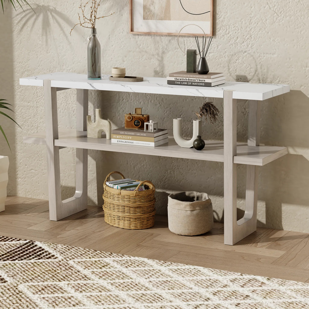 Retro Entryway Console Table with Faux Marble Top and Shelf