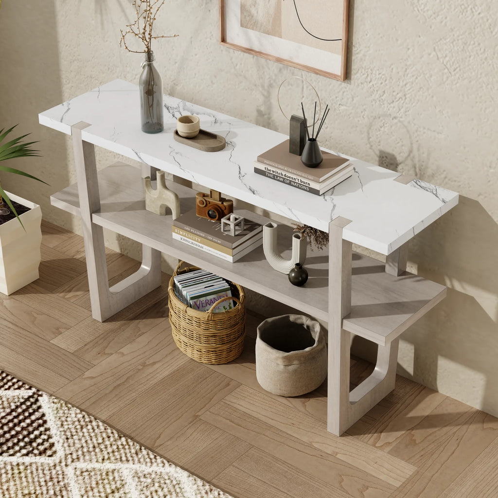 Retro Entryway Console Table with Faux Marble Top and Shelf