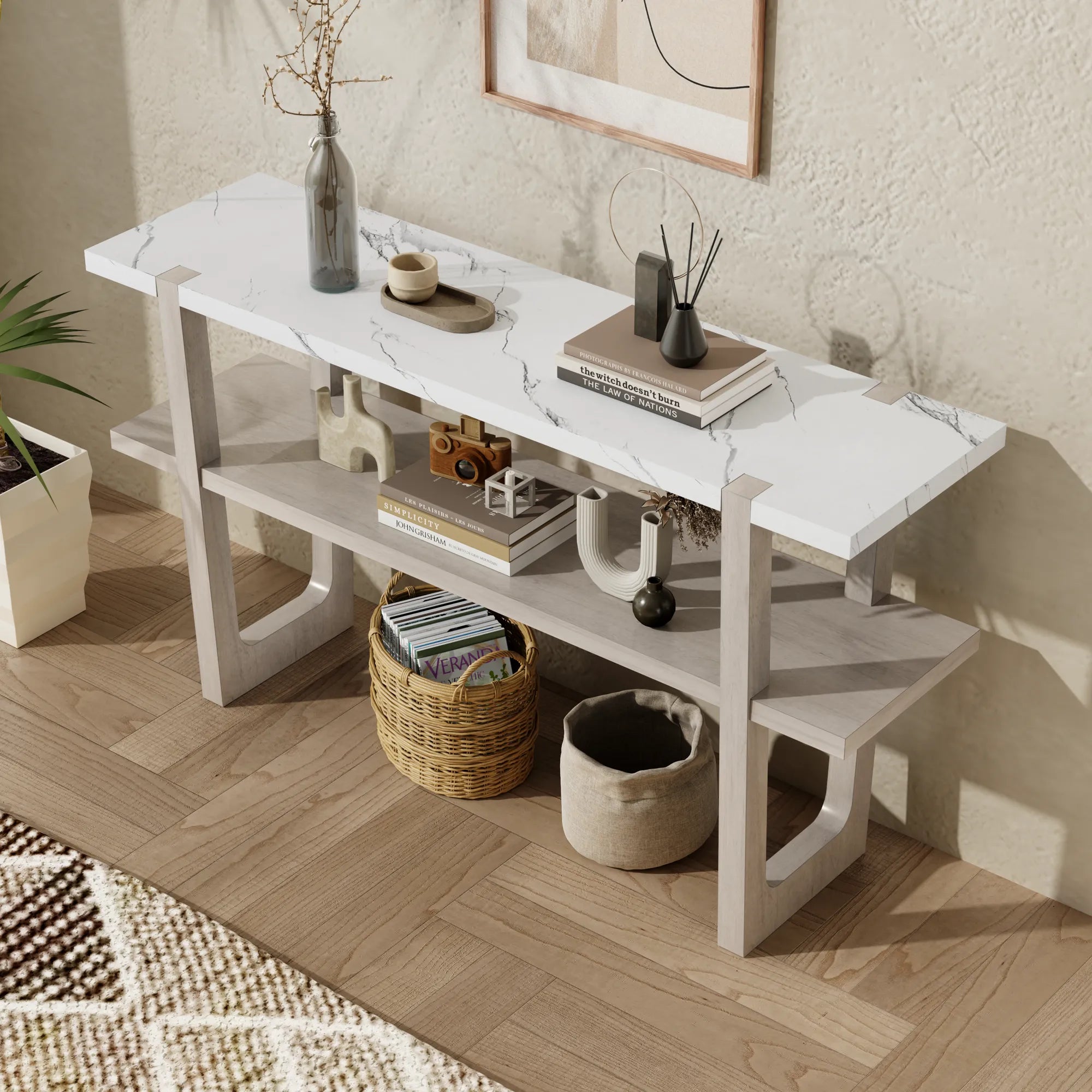 Retro Entryway Console Table with Faux Marble Top and Shelf
