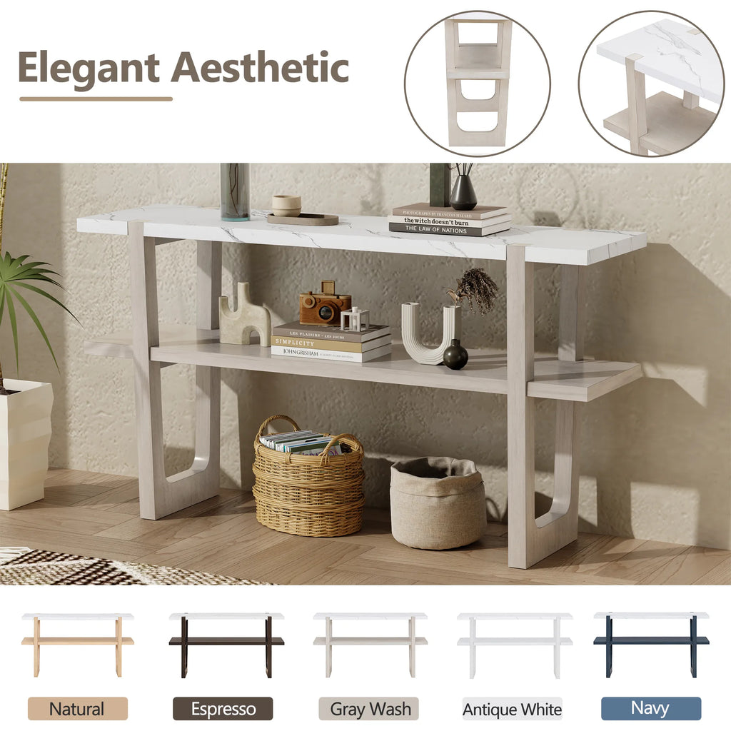 Retro Entryway Console Table with Faux Marble Top and Shelf