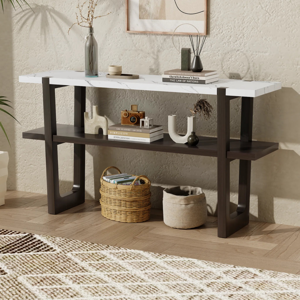 Retro Entryway Console Table with Faux Marble Top and Shelf