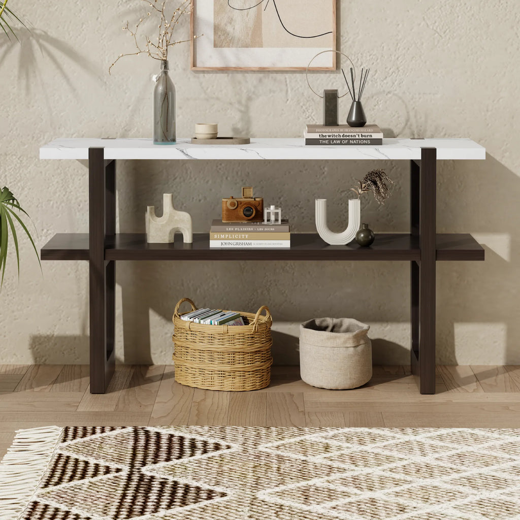 Retro Entryway Console Table with Faux Marble Top and Shelf