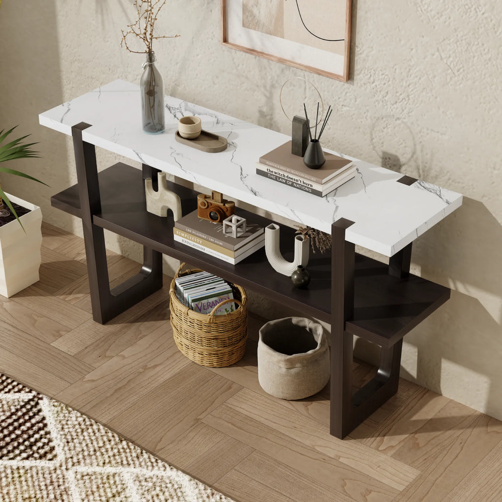 Retro Entryway Console Table with Faux Marble Top and Shelf