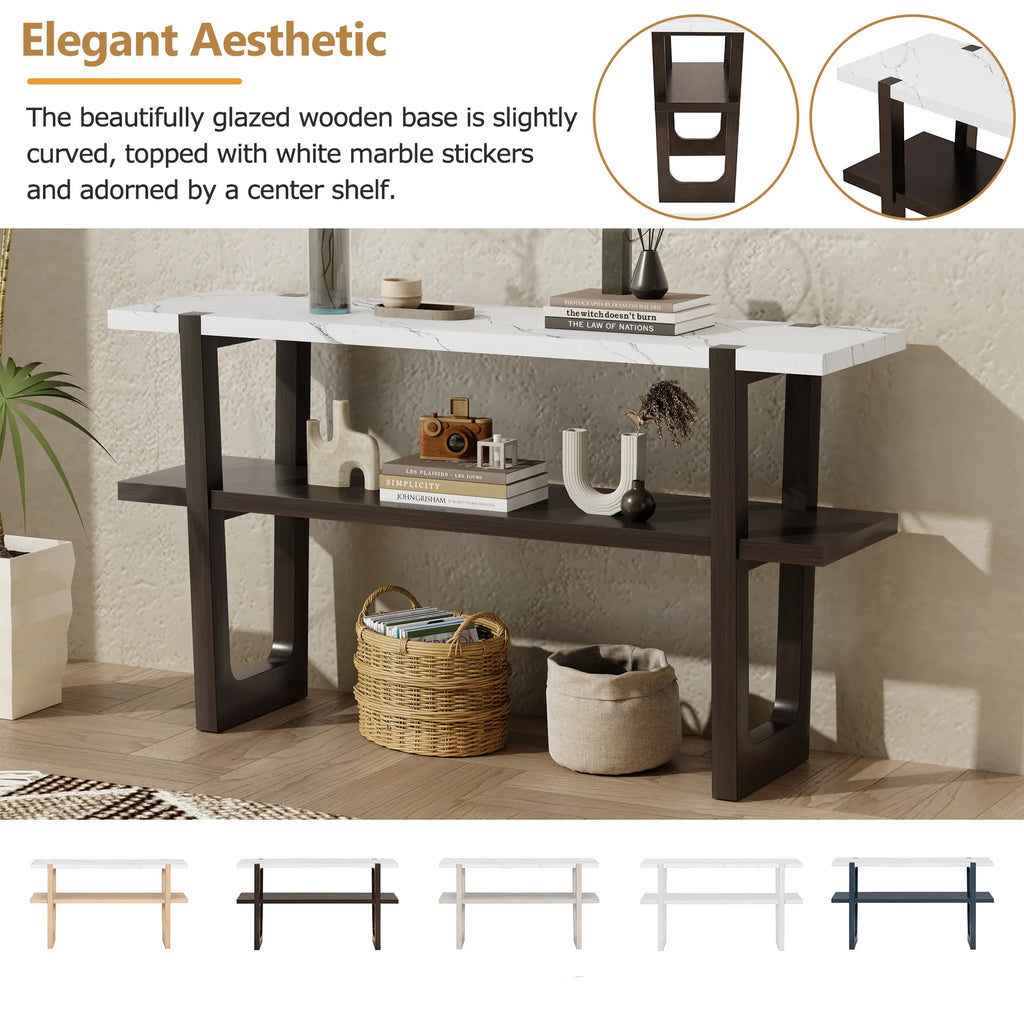 Retro Entryway Console Table with Faux Marble Top and Shelf