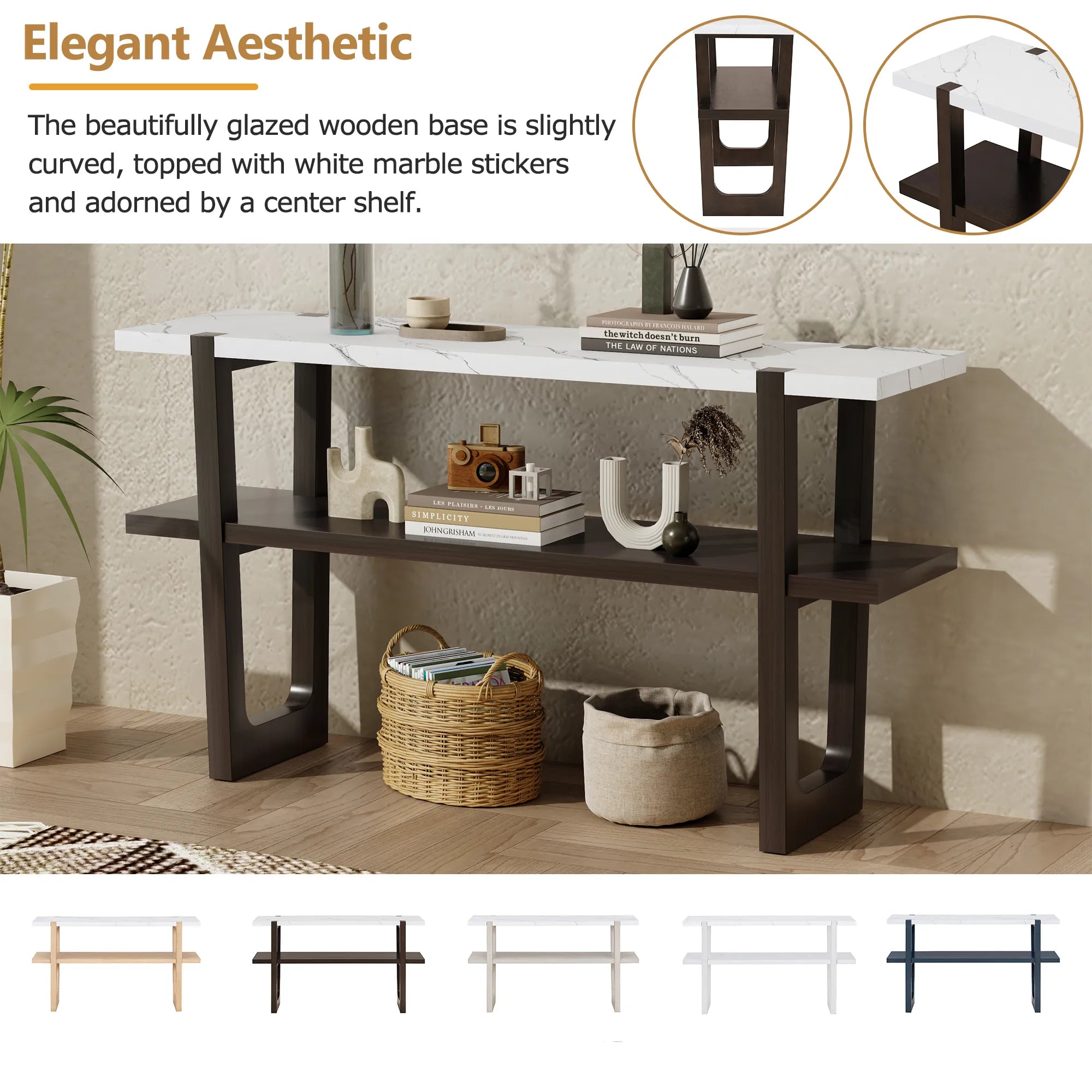Retro Entryway Console Table with Faux Marble Top and Shelf