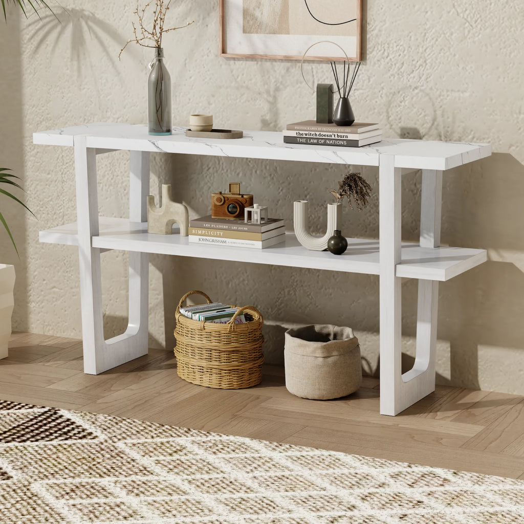 Retro Entryway Console Table with Faux Marble Top and Shelf