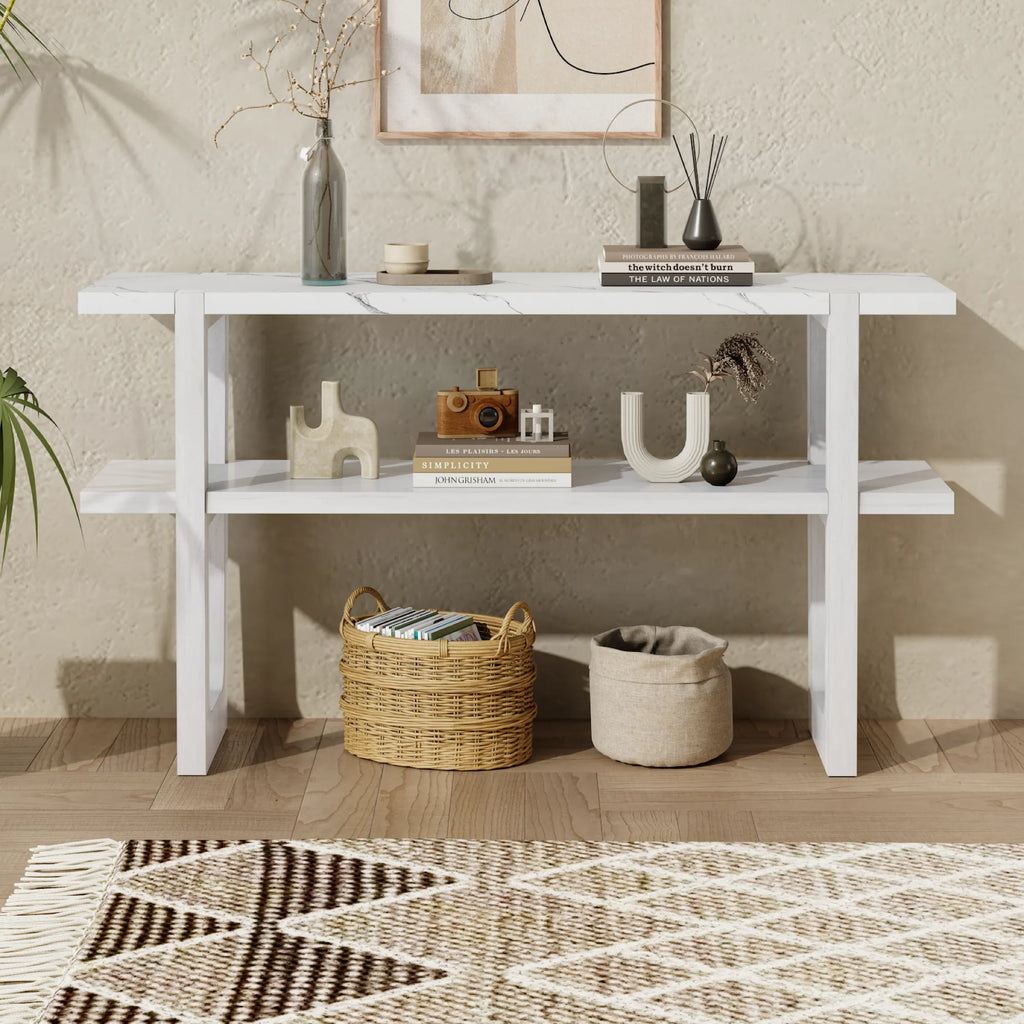 Retro Entryway Console Table with Faux Marble Top and Shelf