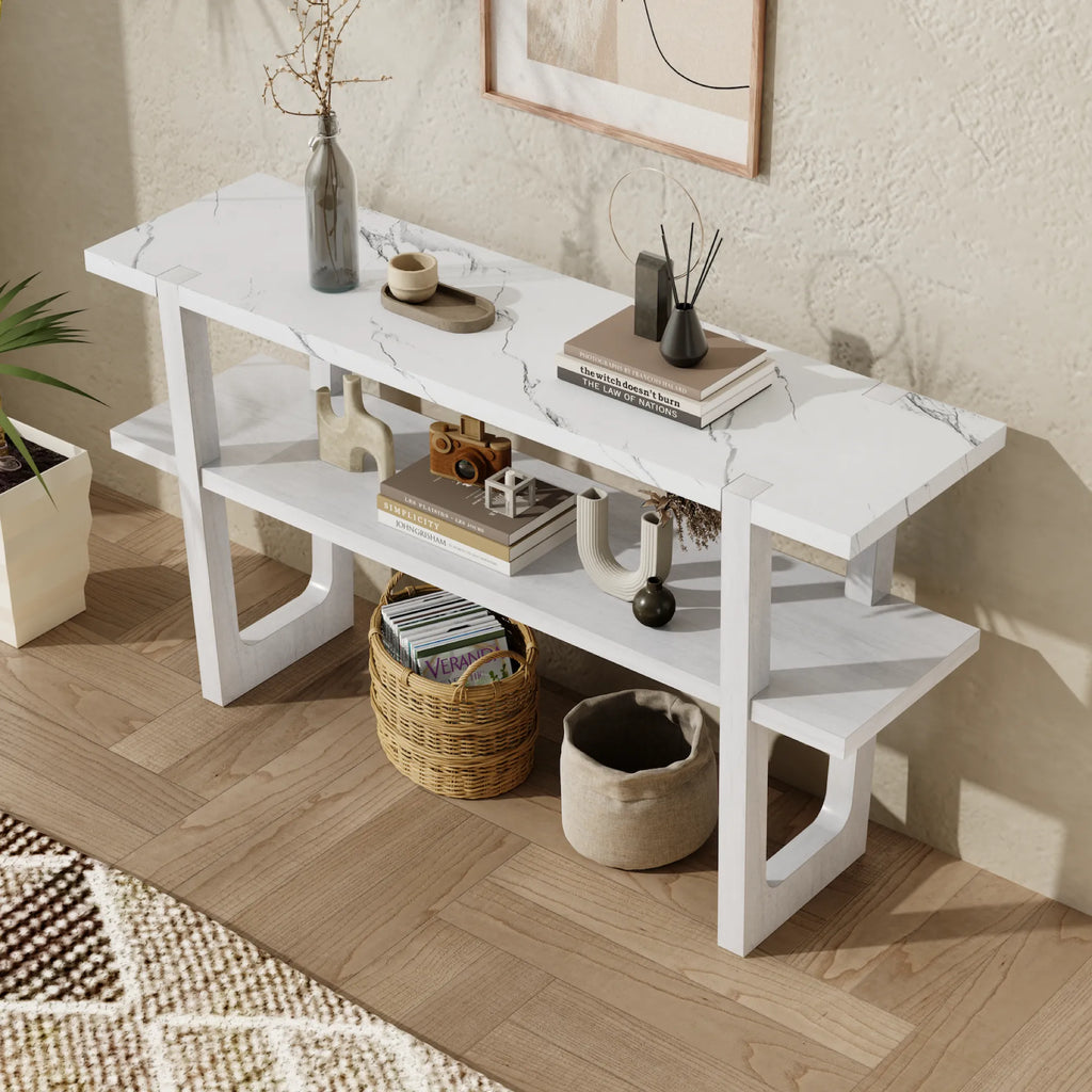 Retro Entryway Console Table with Faux Marble Top and Shelf