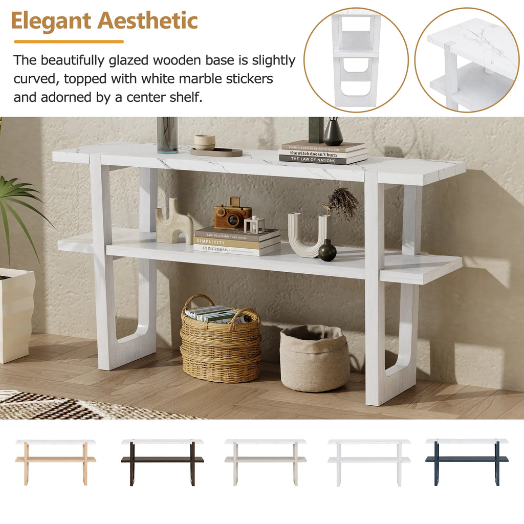 Retro Entryway Console Table with Faux Marble Top and Shelf