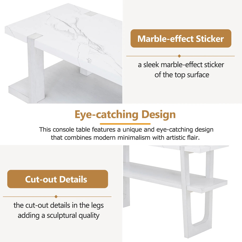 Retro Entryway Console Table with Faux Marble Top and Shelf
