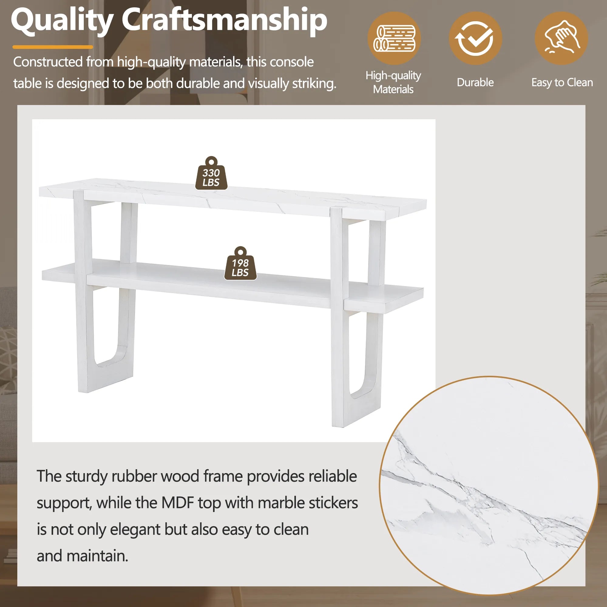 Retro Entryway Console Table with Faux Marble Top and Shelf