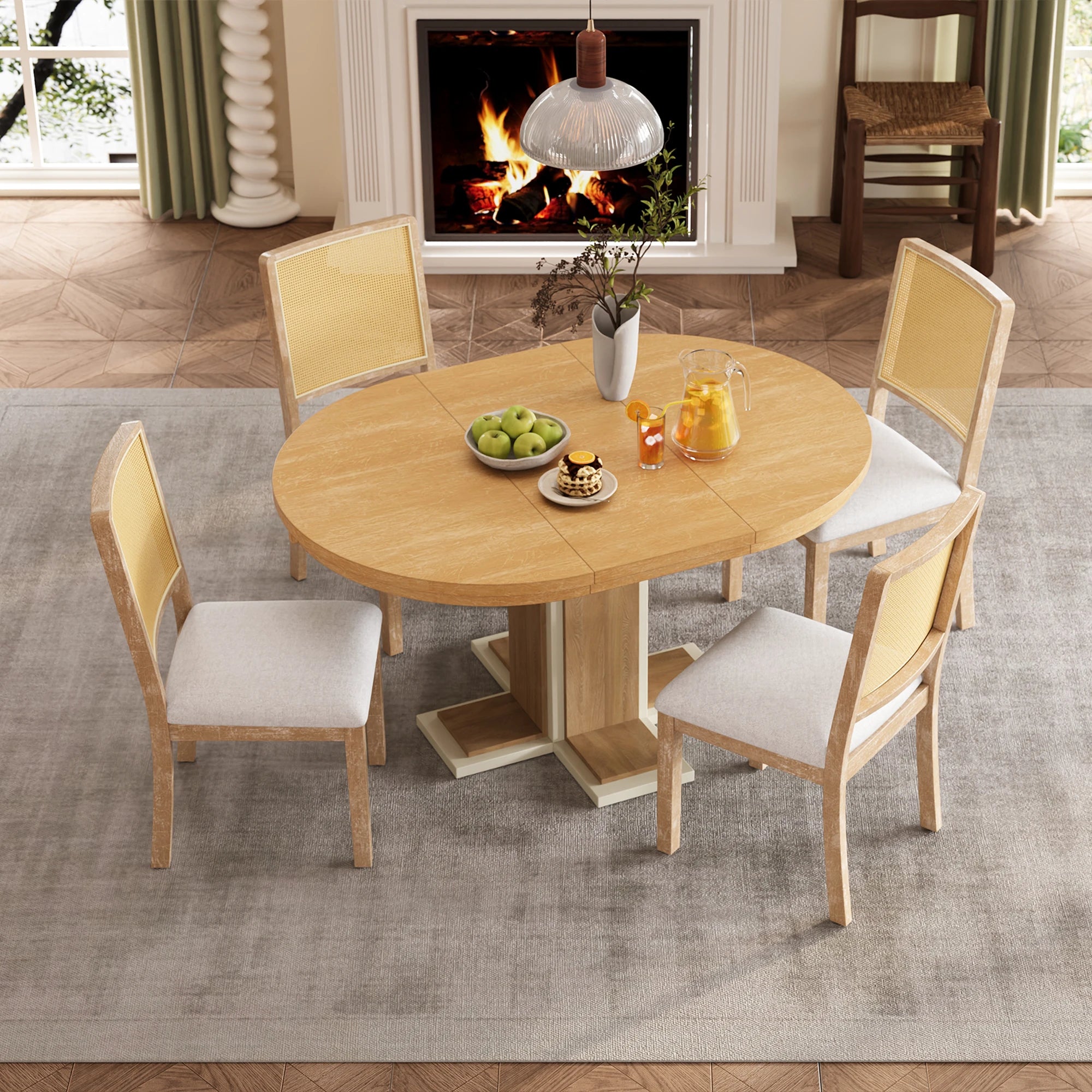 Retro Round Extendable Dining Table Set With 4 Chairs