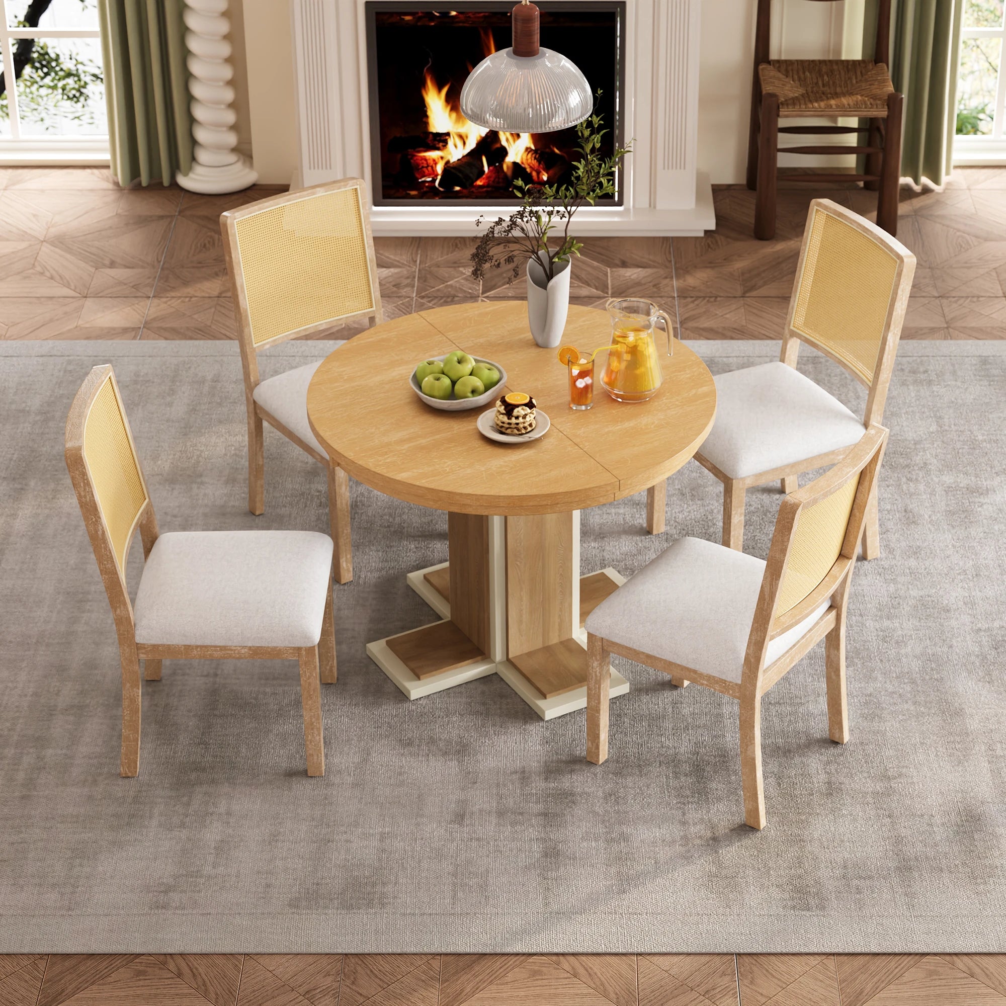 Retro Round Extendable Dining Table Set With 4 Chairs