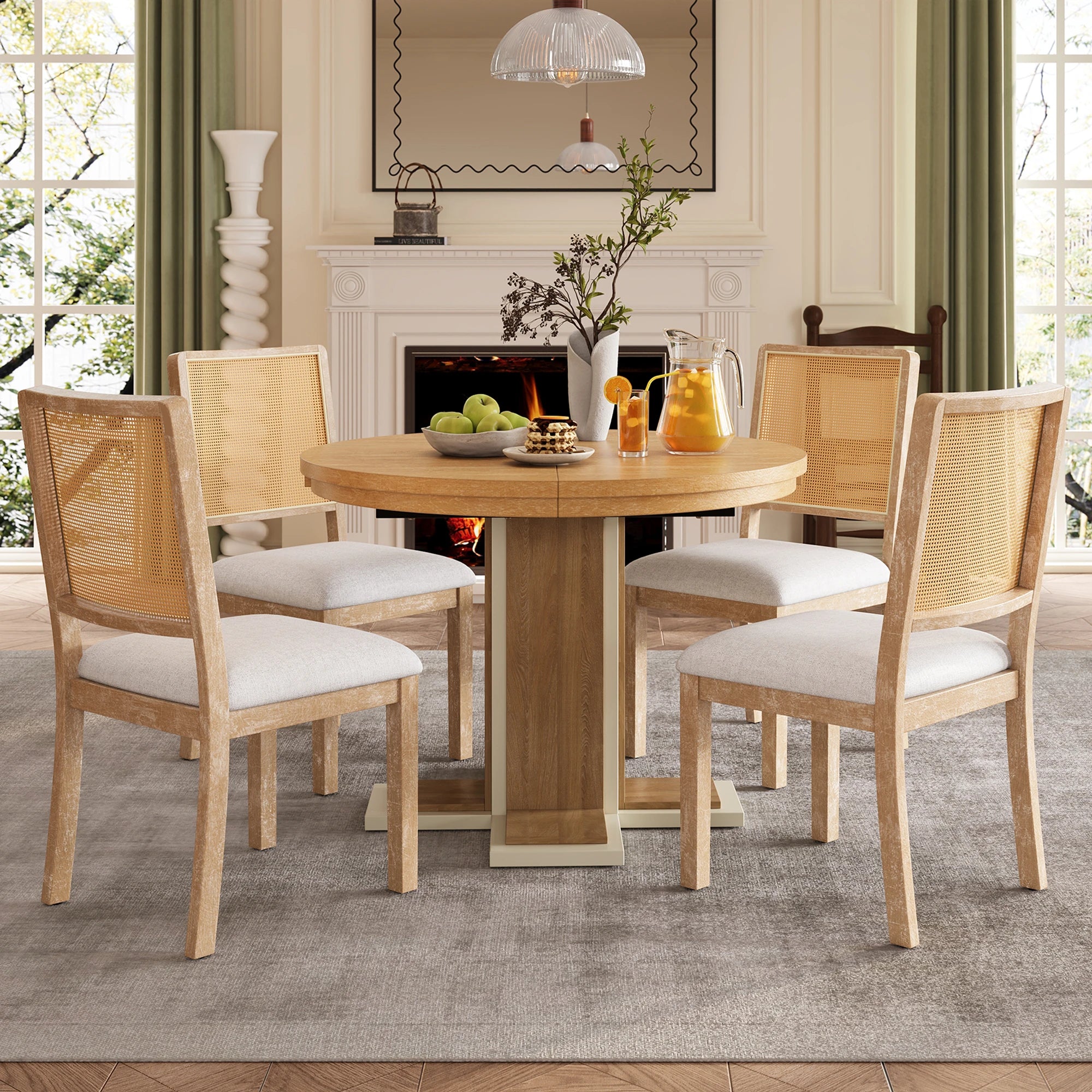 Retro Round Extendable Dining Table Set With 4 Chairs