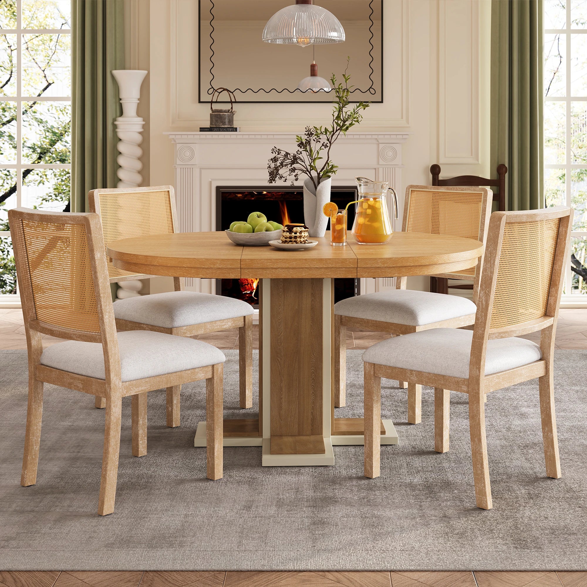Retro Round Extendable Dining Table Set With 4 Chairs