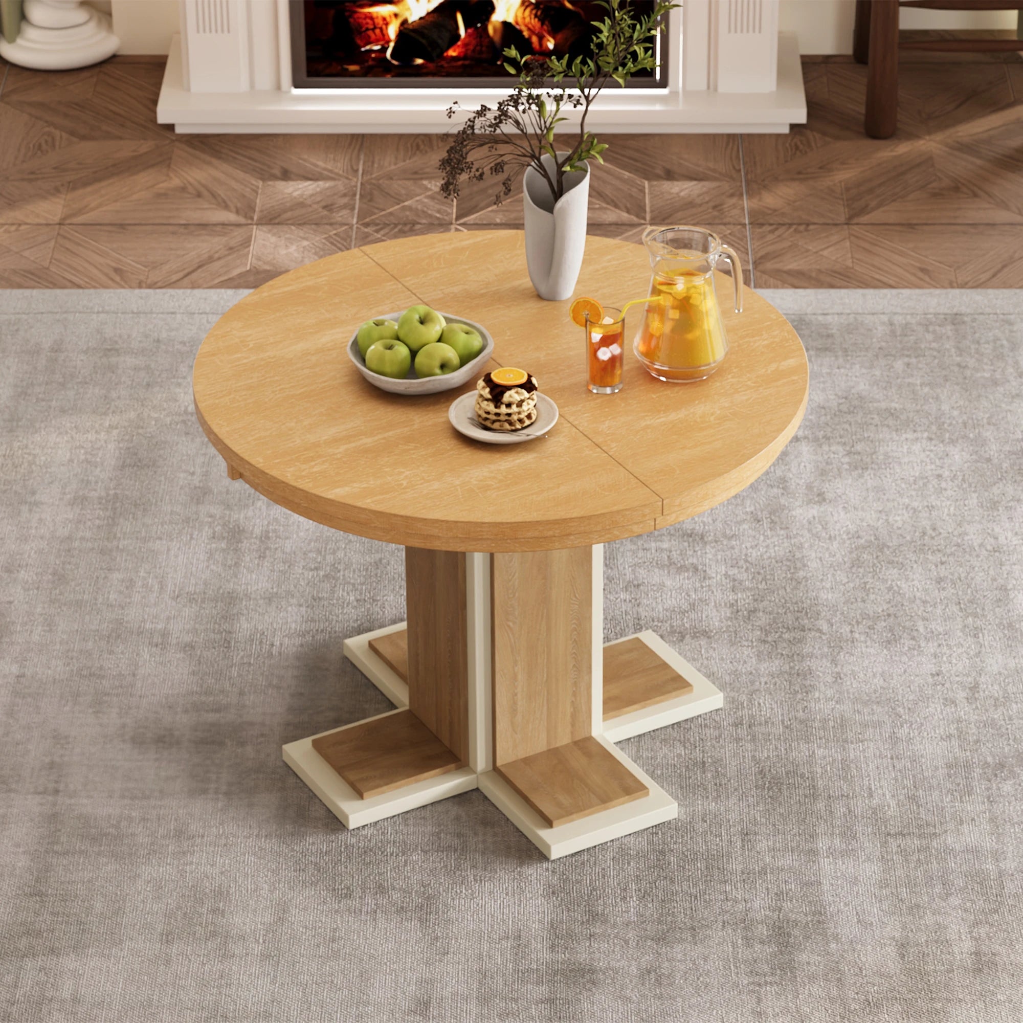 Retro Round Extendable Dining Table Set With 4 Chairs