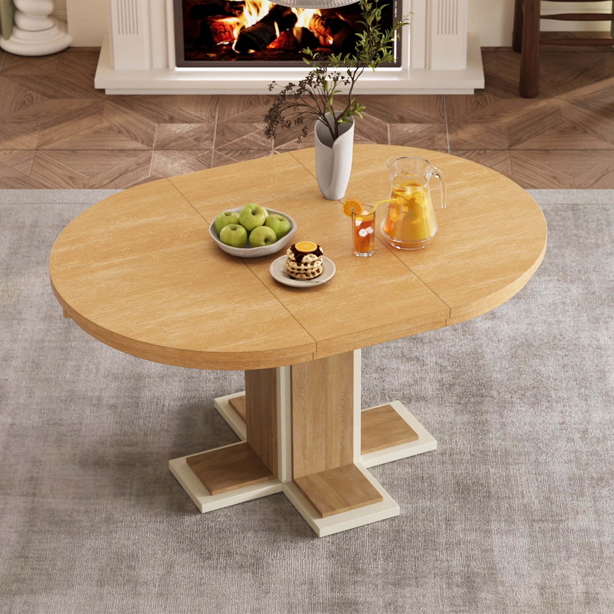 Retro Round Extendable Dining Table Set With 4 Chairs