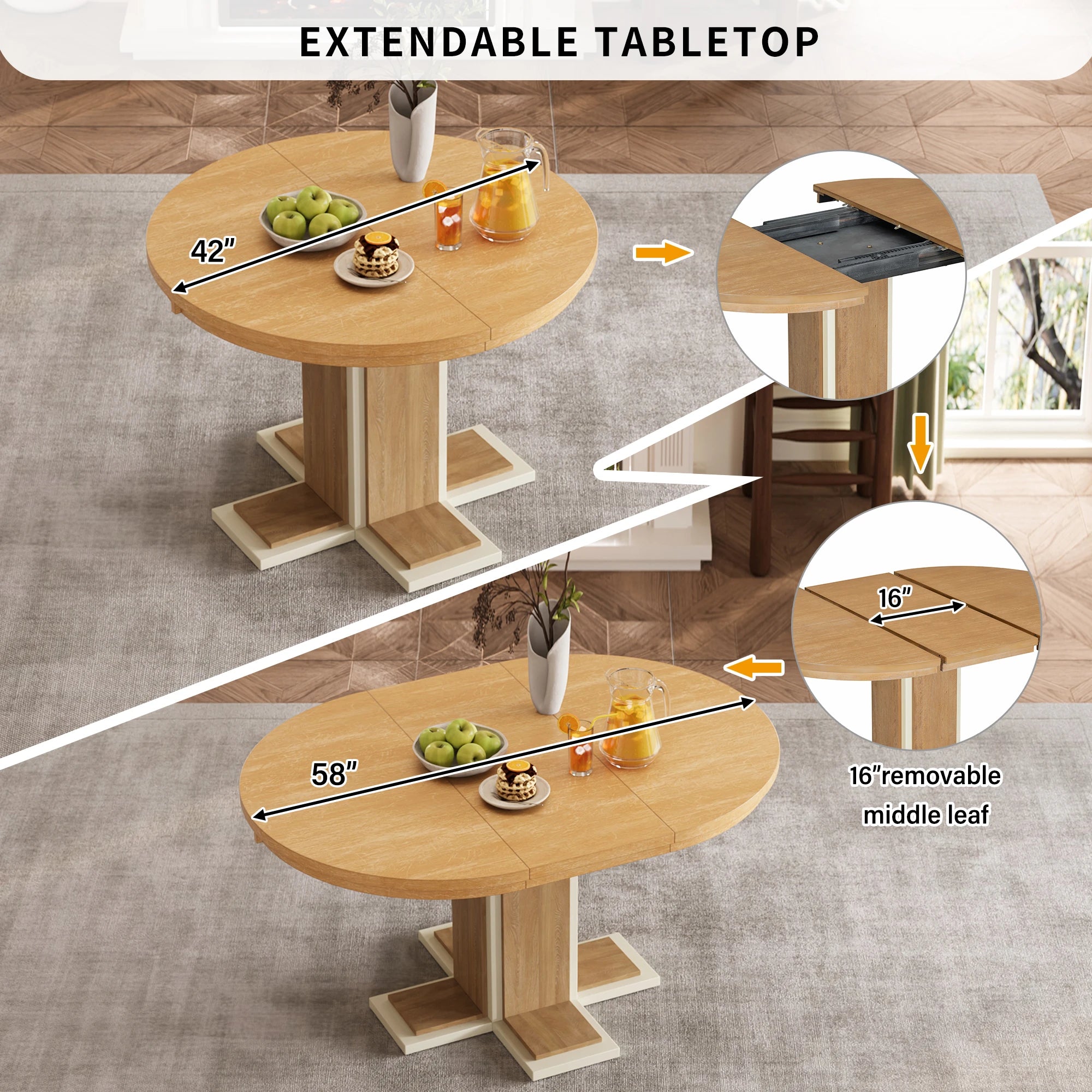 Retro Round Extendable Dining Table Set With 4 Chairs