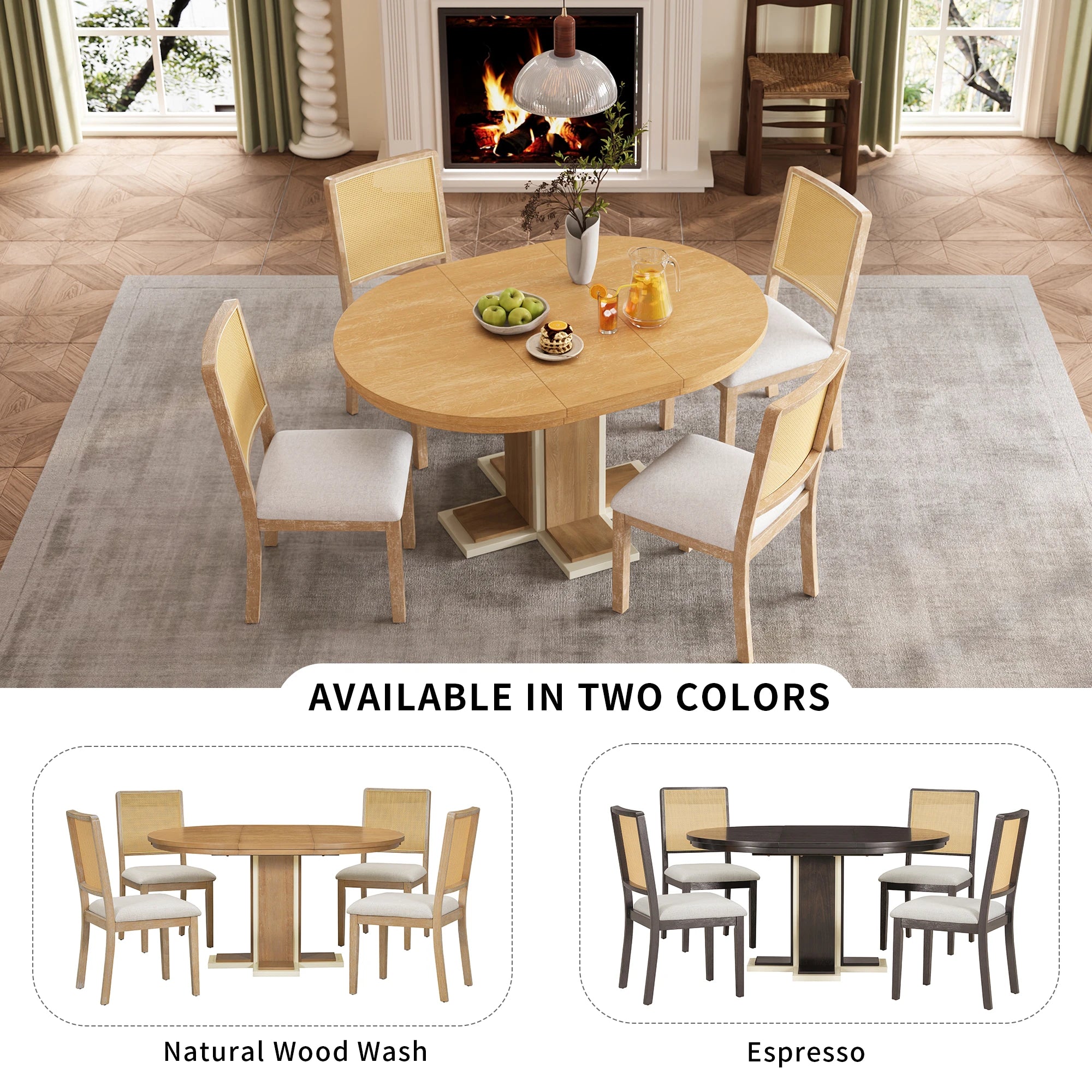 Retro Round Extendable Dining Table Set With 4 Chairs