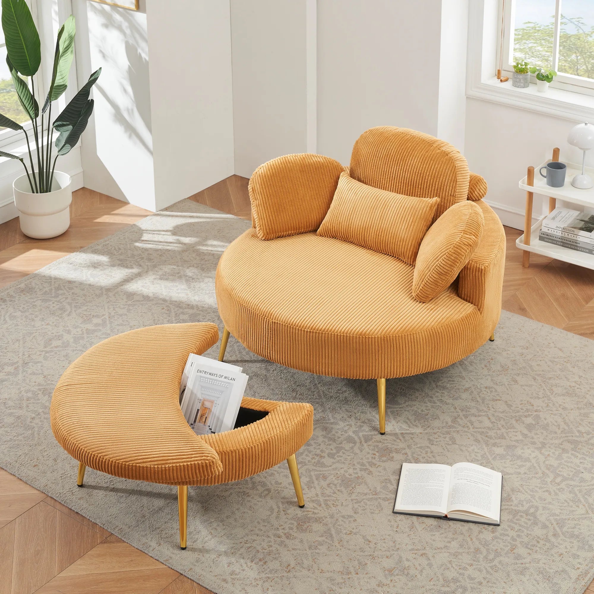Round Comfy Accent Chair with Half Moon Ottoman