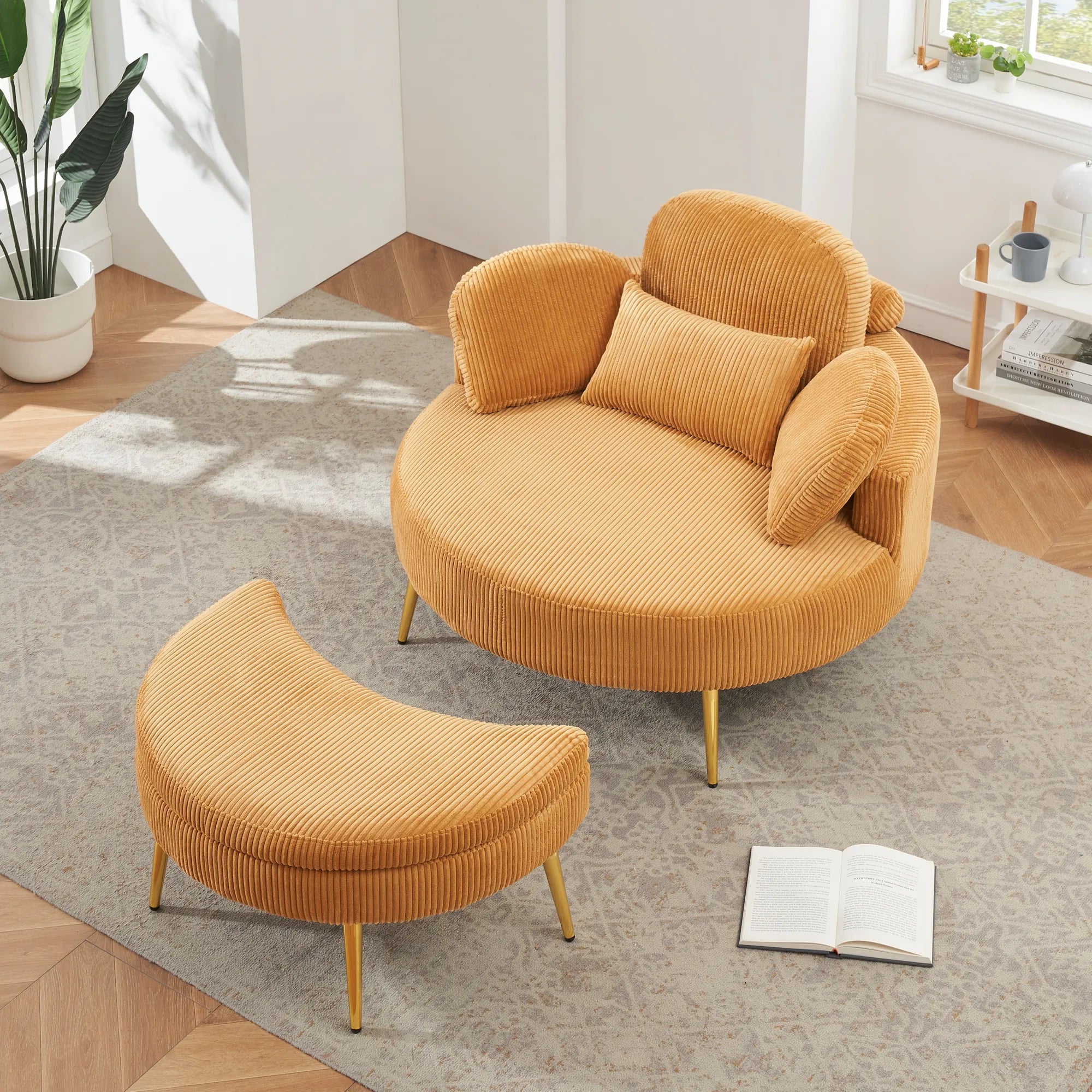 Round Comfy Accent Chair with Half Moon Ottoman