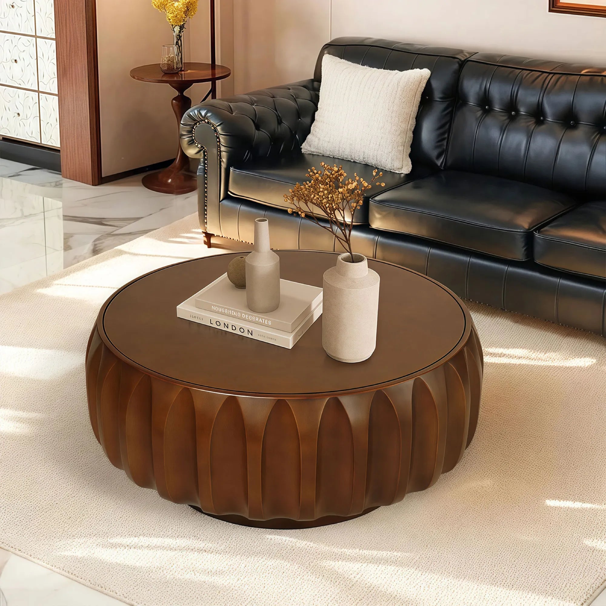 Round Elegant Sculptural Solid Wood Coffee Table