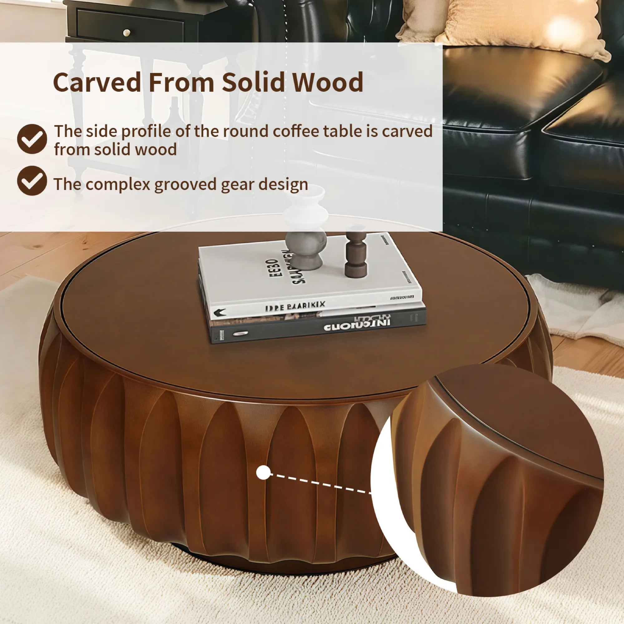 Round Elegant Sculptural Solid Wood Coffee Table