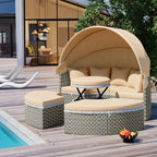 Round Rattan Outdoor Patio Sectional Sofa Set with Retractable Canopy