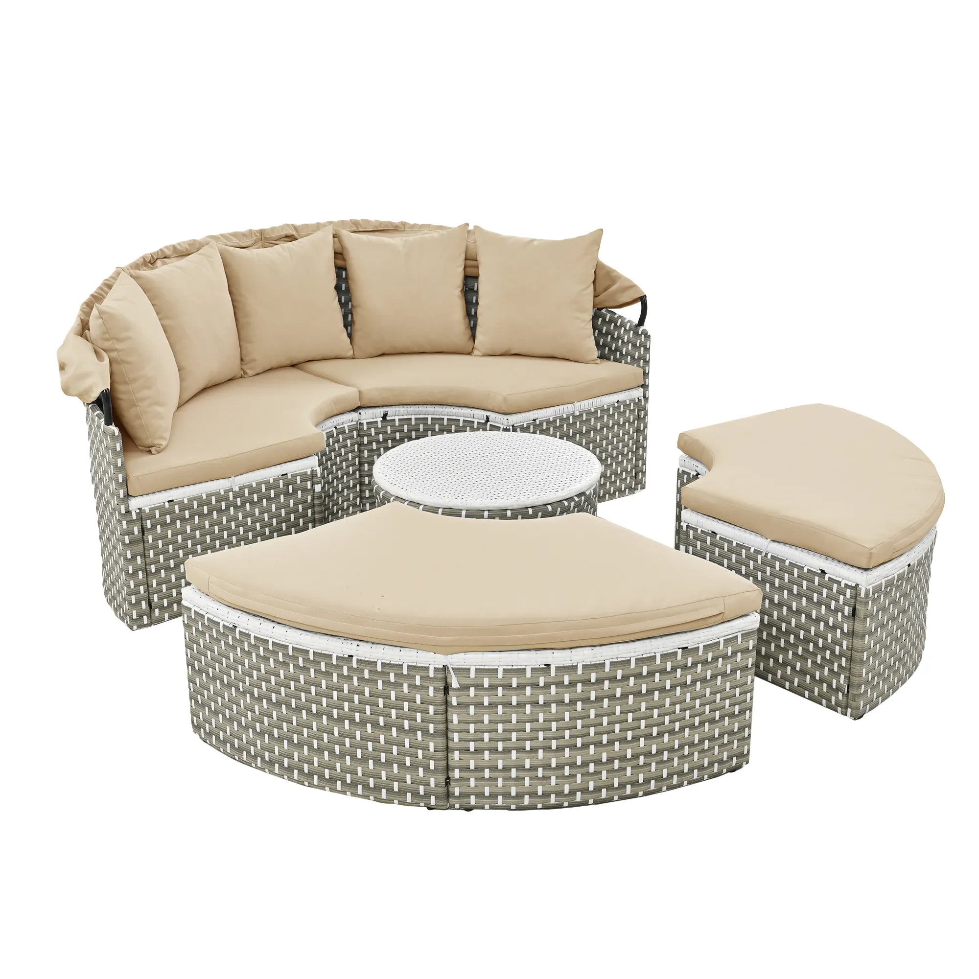 Round Rattan Outdoor Patio Sectional Sofa Set with Retractable Canopy