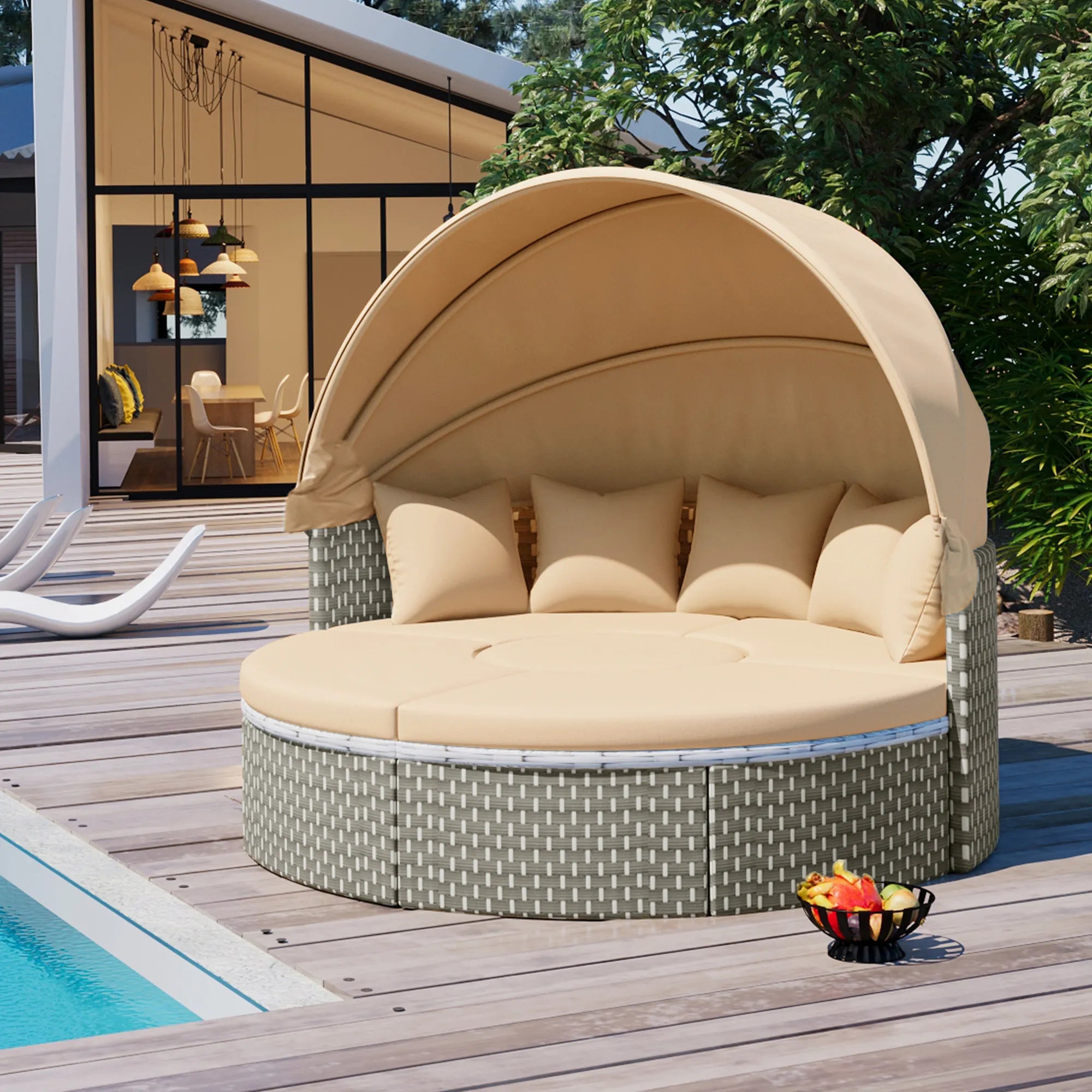 Round Rattan Outdoor Patio Sectional Sofa Set with Retractable Canopy